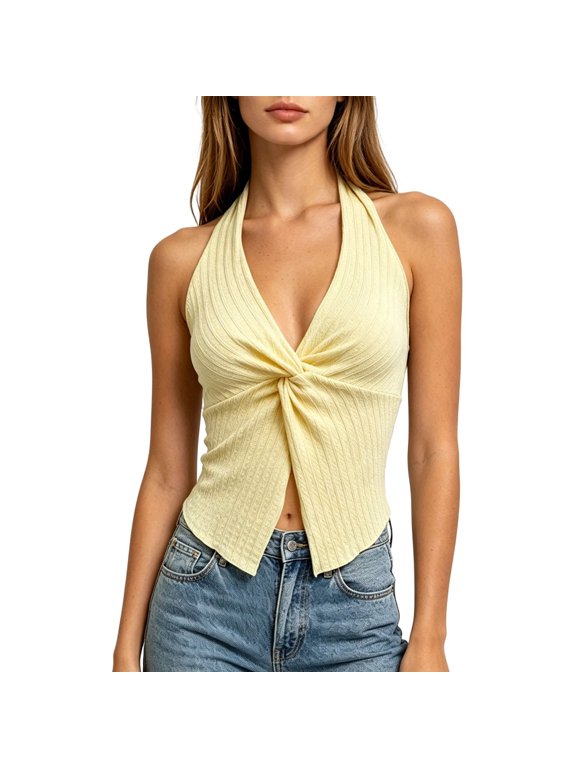 Women Slim Fit Backless Halter Neck Short Top with Tie String Hollow Out Cami