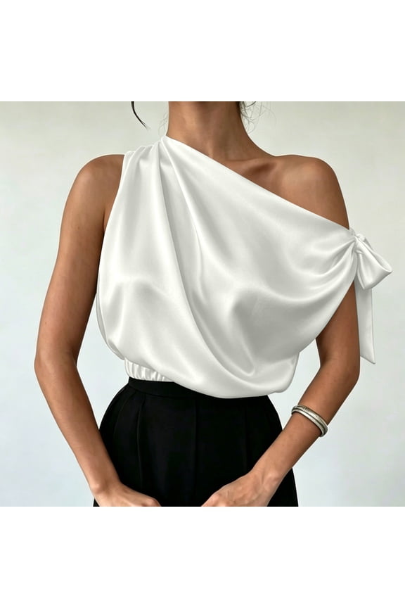 Women Solid Color Satin One Shoulder Off The Shoulder Ruched Bow Sleeveless Elegant Silky Top