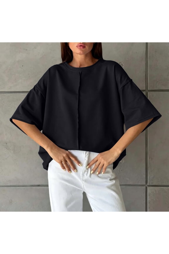 Women Summer Solid Color Round Neck Short Sleeve Cape Top Loose Fit Casual Pullover Blouse