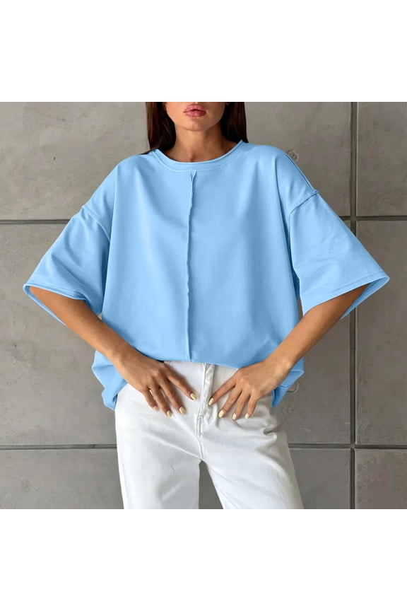Women Summer Solid Color Round Neck Short Sleeve Cape Top Loose Fit Casual Pullover Blouse