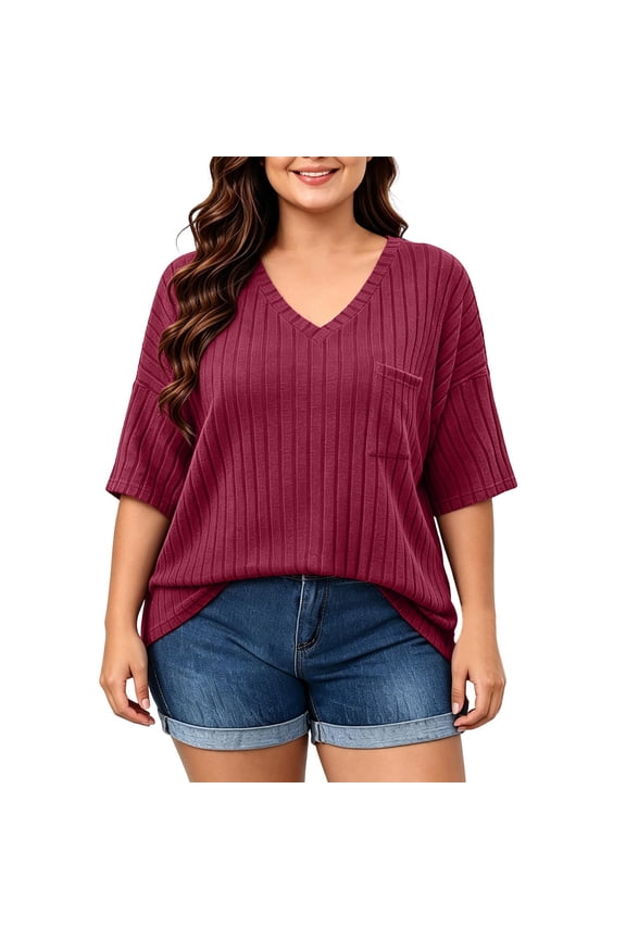 Women Summer Solid Color Short Sleeve V Neck Pocket Top Casual Loose Fit Pullover Blouse