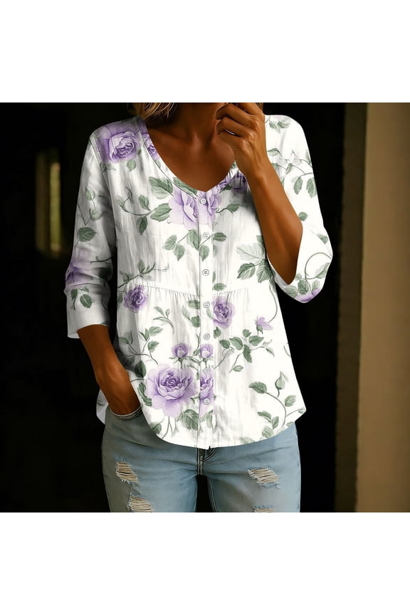 Women's 3/4 Sleeve V-Neck Button Casual Printed Loose Blouse Top Fashion Three - Quarter Sleeve V - Neck Shirt