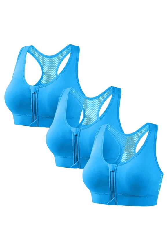 Women's 3 Pack Solid Color Sports Bra Front Zipper Back Gathered High Elasticity Casual Daily Wear