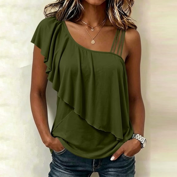 EazyTech Women's Asymmetric One-Shoulder Ruffle Top – Casual Sleeveless Single-Strap Tank