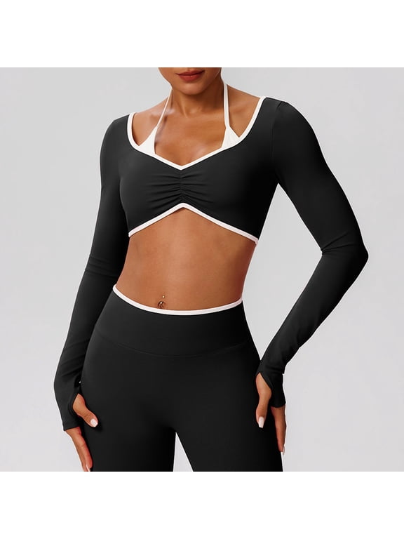 Women's Backless Workout Crop Tops Halter Long Sleeve Padded Sports Bra Gym Yoga Top Ruched Slim Fitted T Shirts
