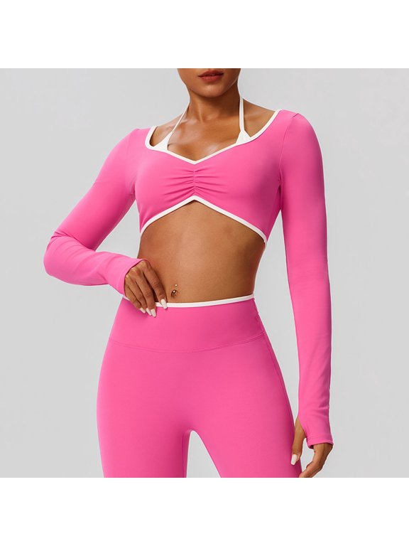 Women's Backless Workout Crop Tops Halter Long Sleeve Padded Sports Bra Gym Yoga Top Ruched Slim Fitted T Shirts
