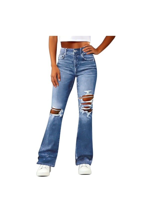 Women's Bell Bottom Jeans Flared Ripped Stretchy Mid Rise Cut Out Distressed Denim Bootcut Jeans