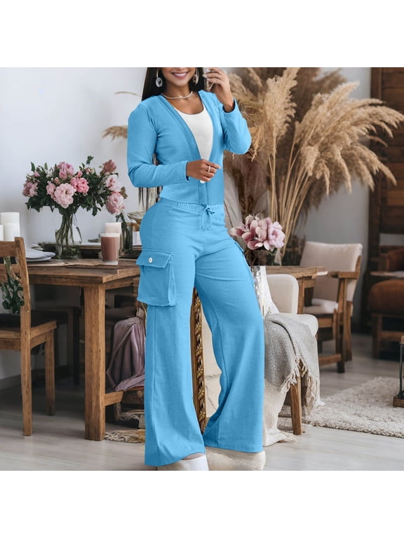 Women's Casual 2 Piece Outfit Long Sleeve Button Down Cardigan and Loose Wide Leg Cargo Pants Set With Pockets Tracksuit