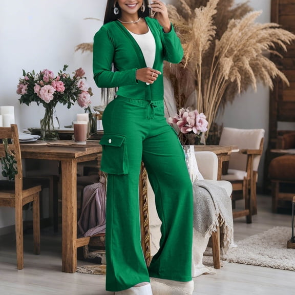 EazyTech Women's Casual 2 Piece Outfit Long Sleeve Button Down Cardigan and Loose Wide Leg Cargo Pants Set With Pockets Tracksuit
