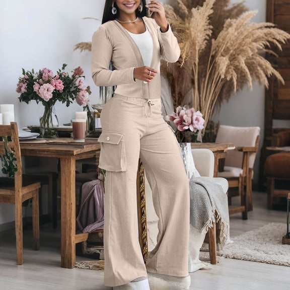 EazyTech Women's Casual 2 Piece Outfit Long Sleeve Button Down Cardigan and Loose Wide Leg Cargo Pants Set With Pockets Tracksuit