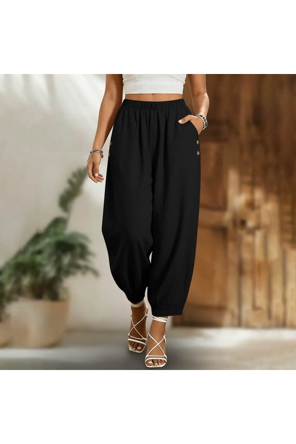 Women's Casual Lantern Tapered Harem Pants Loose Fit Style Flax Ankle Trousers Summer Baggy Slacks with Pocket