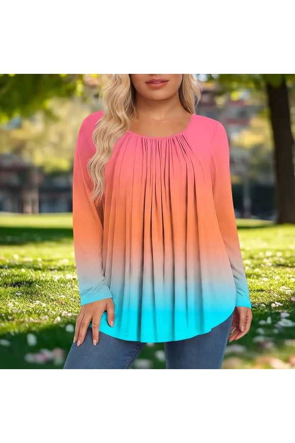 Women's Casual Loose-Fit Long-Sleeve Plus-Size Top – Scoop Neck​ with Elastic Shirring​ & All-Over Print Blouse