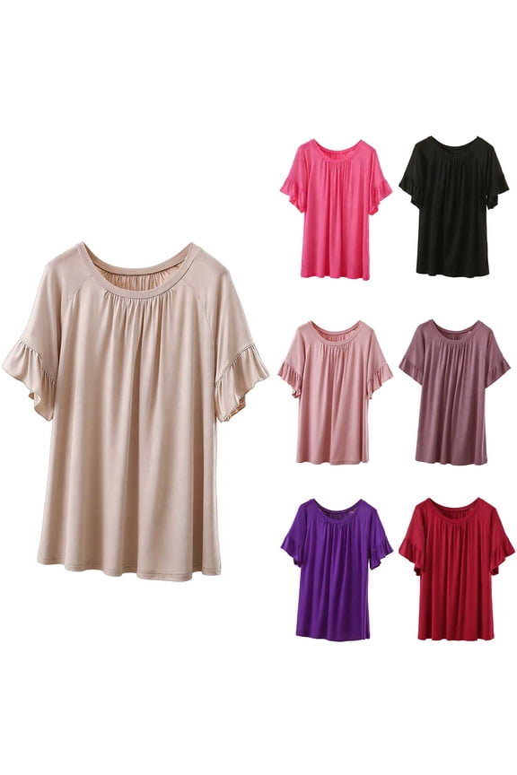 Women's Casual Loose Solid Color Crew Neck Pullover Short Sleeve T - Shirt Top Simple Short Sleeve Crew Neck Blouse Shirt