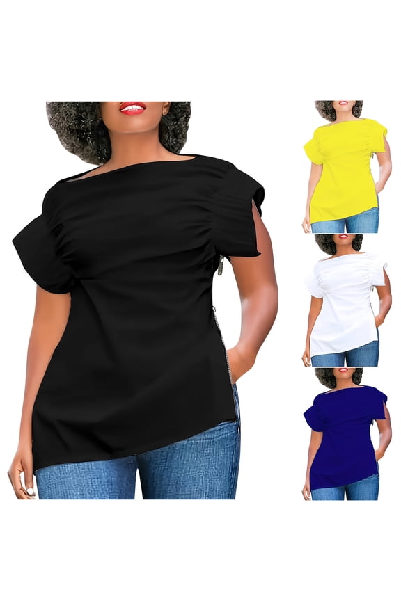 Women's Casual Round Neck Puff Short-sleeved Solid Short T-shirt Zipper