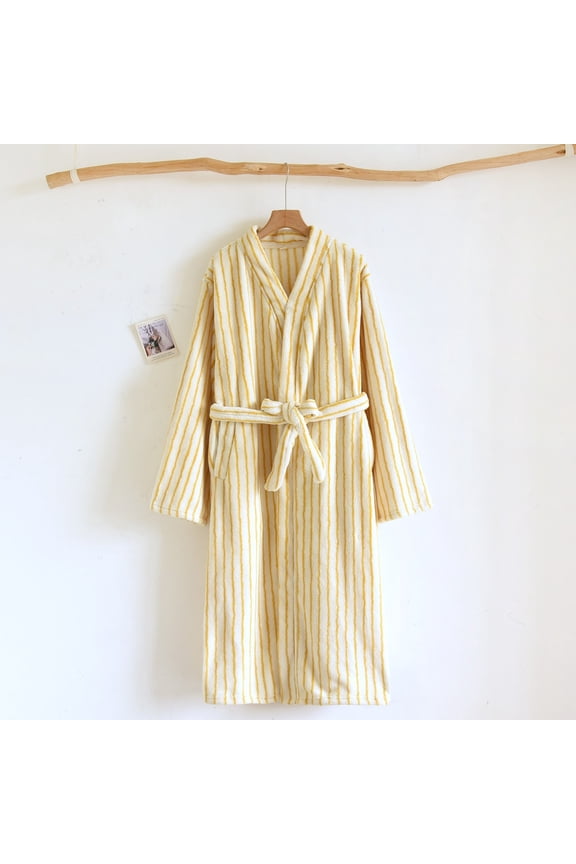 Women's Cotton V-Neck Long Sleeve Button Down Bathrobe - Soft Striped Homewear with Pocket