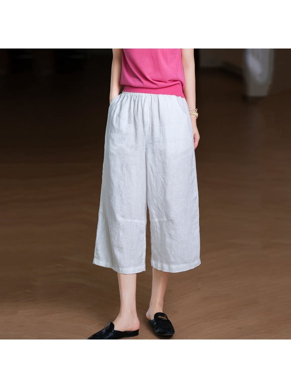 Women's Culottes Elastic Waist Loose Wide Leg Pants with Pockets Casual Summer Trousers