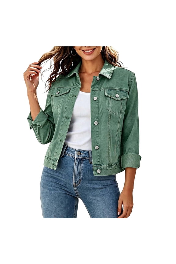 Women's Denim Jackets Cropped Long Sleeve Basic Button Down Crop Jean Shacket with Pockets