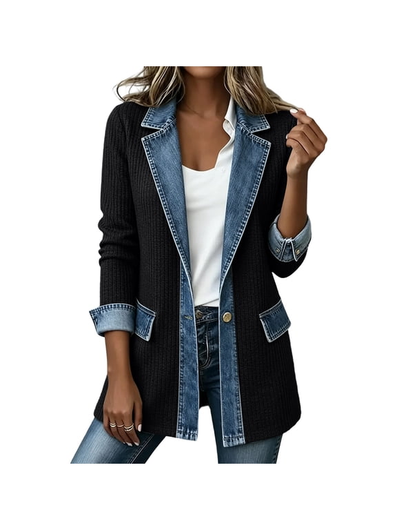 Women's Denim-Spliced Knit Blazer with Contrast Collar, Single Button & Pockets