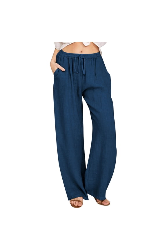 Women's Drawstring Elastic Waist Wide Leg Long Pants Casual Loose Trousers