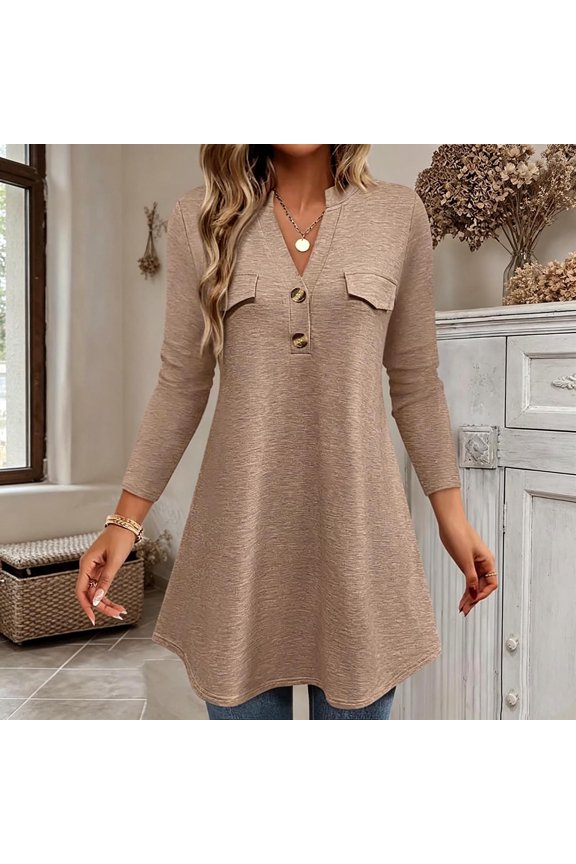 Women's Fall Solid Color V-Neck Mock Pocket Top – Casual Long-Sleeve Midi Length Pullover