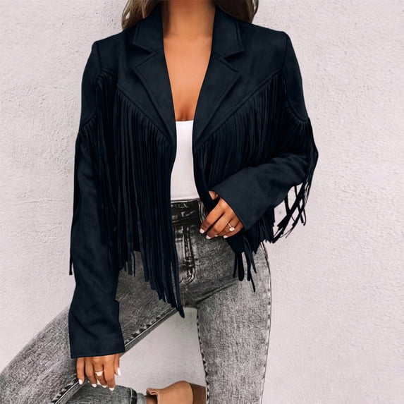 EazyTech Women's Fringe Western Denim Short Jacket Blazer Collar Fringe Coat Trendy Fall Going-Out Long Sleeve Tops