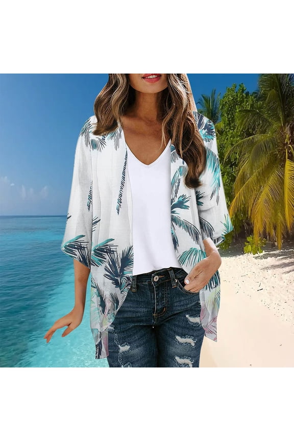 Women's Hawaiian Print Long Sleeve Chiffon Cardigan Beach Sun Protection Open Front Kimono Top