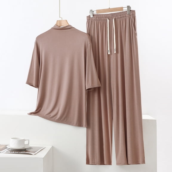 EazyTech Women's High Neck Elbow Sleeve Drawstring Wide Leg Pants Loungewear Set Polyester Summer Casual Two Piece Tracksuit