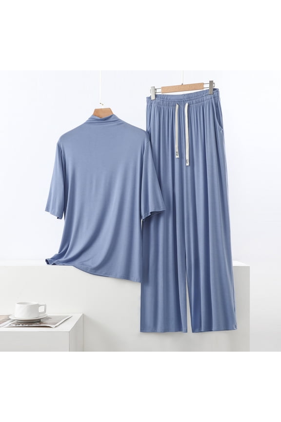 Women's High Neck Elbow Sleeve Drawstring Wide Leg Pants Loungewear Set Polyester Summer Casual Two Piece Tracksuit