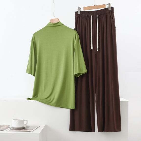EazyTech Women's High Neck Elbow Sleeve Drawstring Wide Leg Pants Loungewear Set Polyester Summer Casual Two Piece Tracksuit