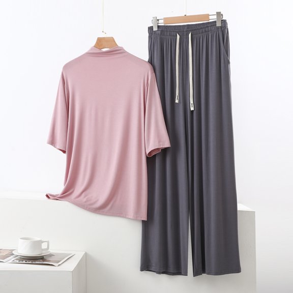 EazyTech Women's High Neck Elbow Sleeve Drawstring Wide Leg Pants Loungewear Set Polyester Summer Casual Two Piece Tracksuit