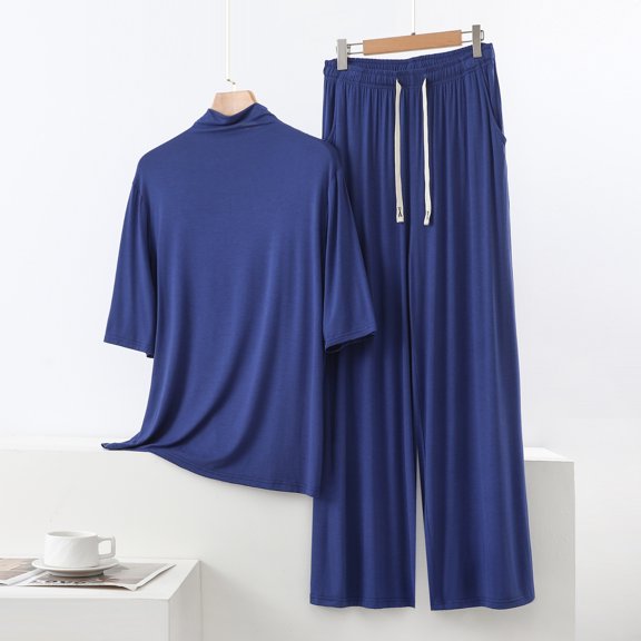 EazyTech Women's High Neck Elbow Sleeve Drawstring Wide Leg Pants Loungewear Set Polyester Summer Casual Two Piece Tracksuit