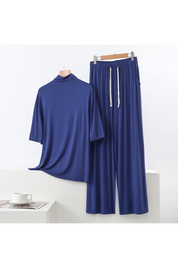 Women's High Neck Elbow Sleeve Drawstring Wide Leg Pants Loungewear Set Polyester Summer Casual Two Piece Tracksuit