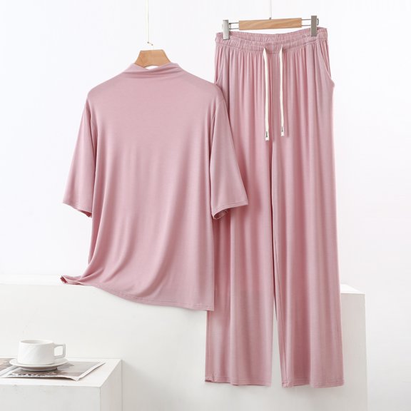 EazyTech Women's High Neck Elbow Sleeve Drawstring Wide Leg Pants Loungewear Set Polyester Summer Casual Two Piece Tracksuit