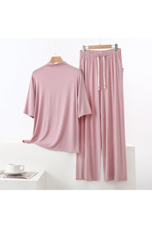 Women's High Neck Elbow Sleeve Drawstring Wide Leg Pants Loungewear Set Polyester Summer Casual Two Piece Tracksuit