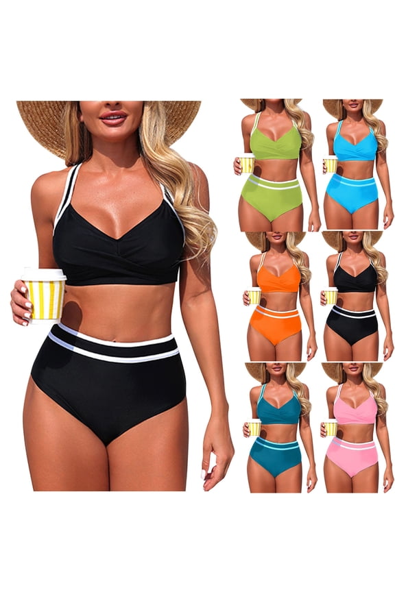 Women's High Waisted Bikini Two Piece Tummy Control Swimsuits Color Block Twist Front Bathing Suit