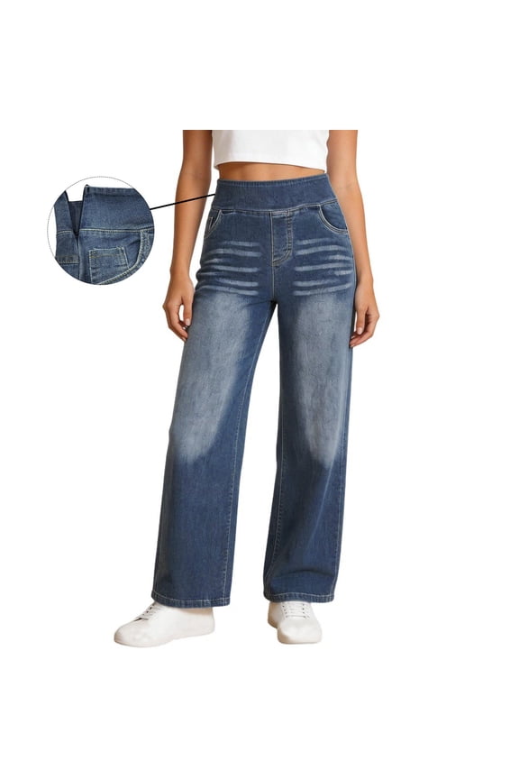 Women's High Waisted Wide Leg Jeans, Side Zipper Straight Leg Pants Trendy Baggy Loose