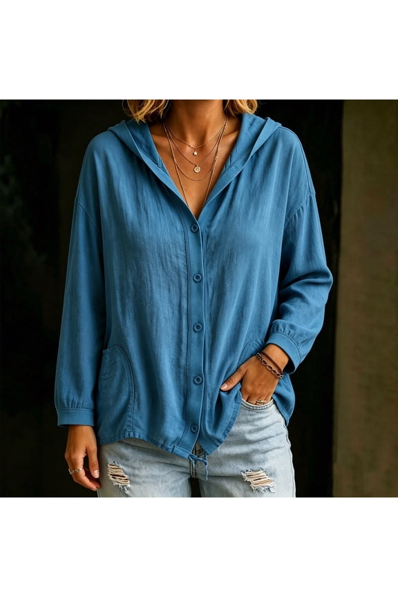 Women's Hooded Button Down Top with Pockets Oversized Casual Sweatshirt