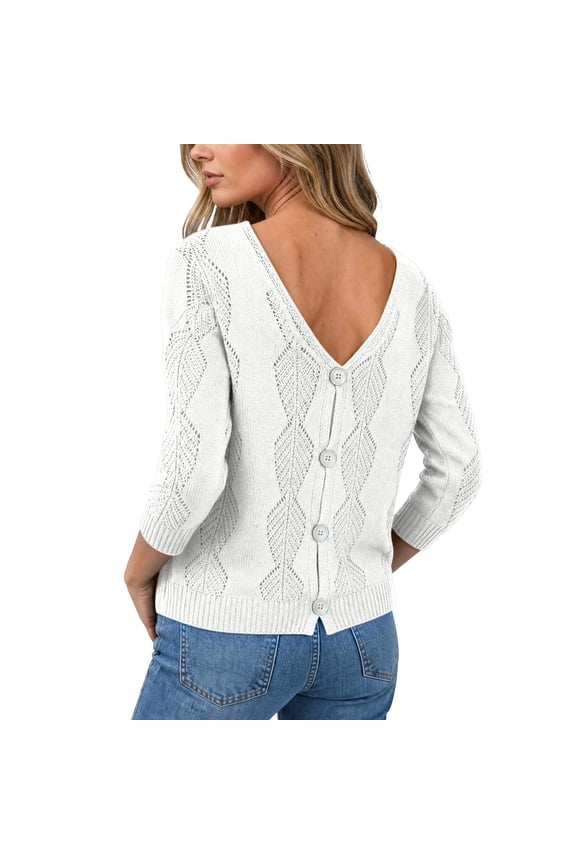 Women's Leaf Pattern V Neck Sweater - Reversible Long Sleeve Knit Top with Cutout Details