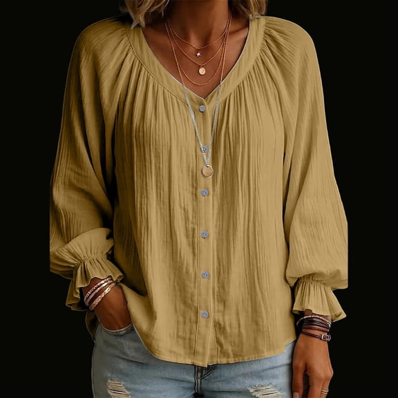 EazyTech Women's Linen-Blend V-Neck Blouse – Pleated Puff Sleeves with Ruffle Cuffs & Button Front