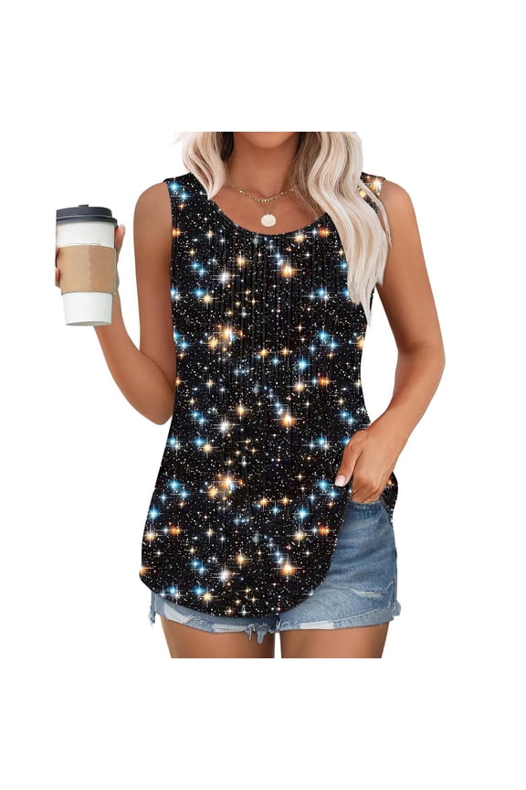 Women's Loose Floral Print Pleated Crew Neck Tank Top Summer Casual Sleeveless Blouse Chiffon Vest Shirt