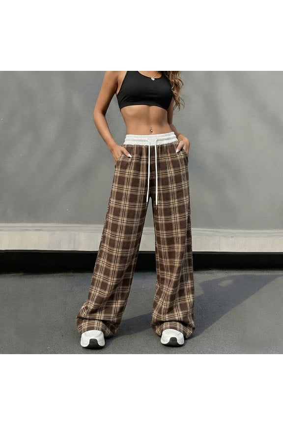 Women's Plaid Checkered Pants Flannel Pajama Pants Lounge Wide Leg Baggy Sweatpants with Pockets