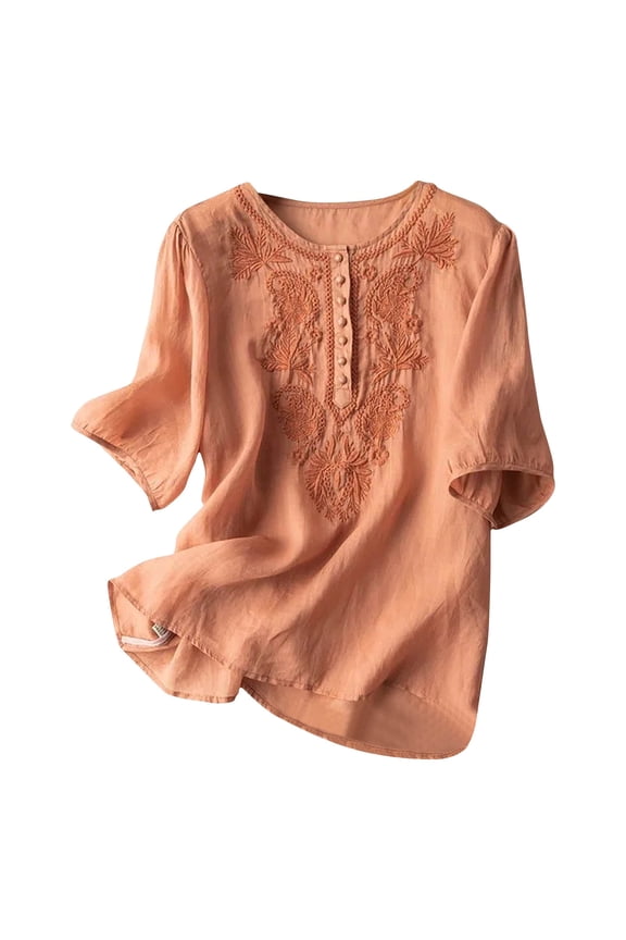 Women's Plus Size Embroidered Cotton Linen Crew Neck Short Sleeve Loose Fit Blouse - Casual Summer Tee