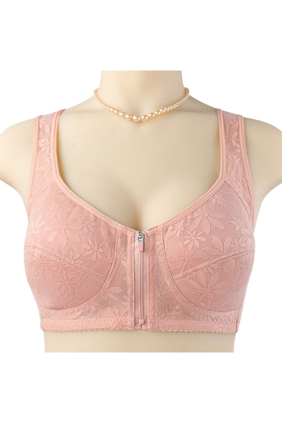 Women's Plus Size Front Zip Bra Wireless Breathable Lace Wide Shoulder Strap Underwire Support Seamless Full Coverage Sports Bra