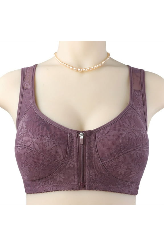 Women's Plus Size Front Zip Bra Wireless Breathable Lace Wide Shoulder Strap Underwire Support Seamless Full Coverage Sports Bra