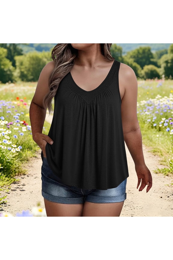 Women's Plus Size Solid Color Sleeveless Tank Top – Casual V-Neck with Chest Ruched Detail for Spring & Summer