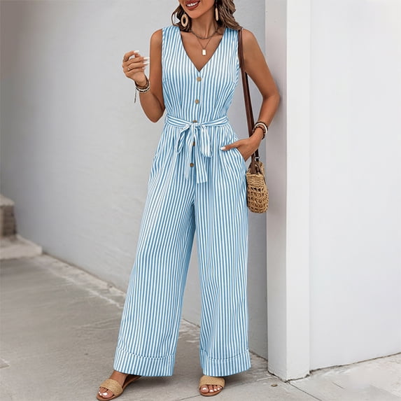 EazyTech Women’s Printed V-Neck Button Front Sleeveless Wide Leg Jumpsuit with Pockets Relaxed Casual One Piece