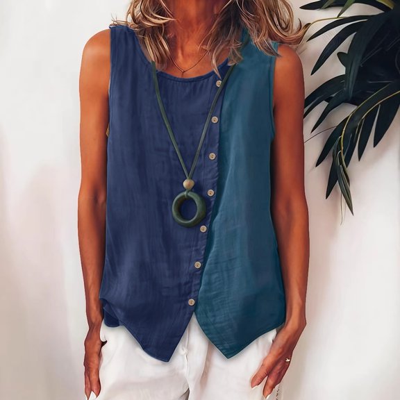 EazyTech Women's Sleeveless Boho Top – Striped Button-Side Asymmetric Hem Tank for Spring/Summer
