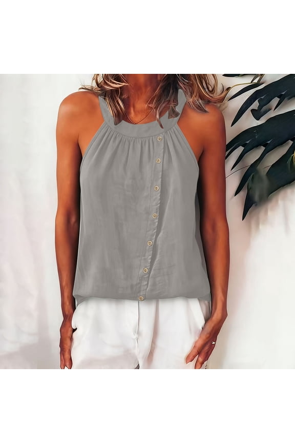 Women's Sleeveless Halter Top – French Retro Linen-Like Button-Front Tank for Summer
