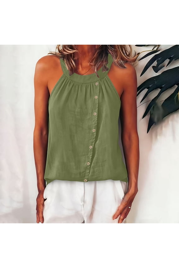 Women's Sleeveless Halter Top – French Retro Linen-Like Button-Front Tank for Summer