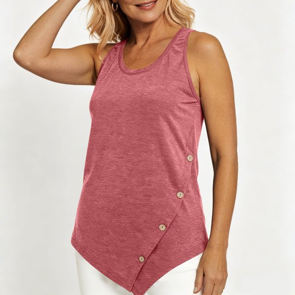 EazyTech Women's Sleeveless Sporty Top – Asymmetric Hem Button-Detail Tank for Casual Wear